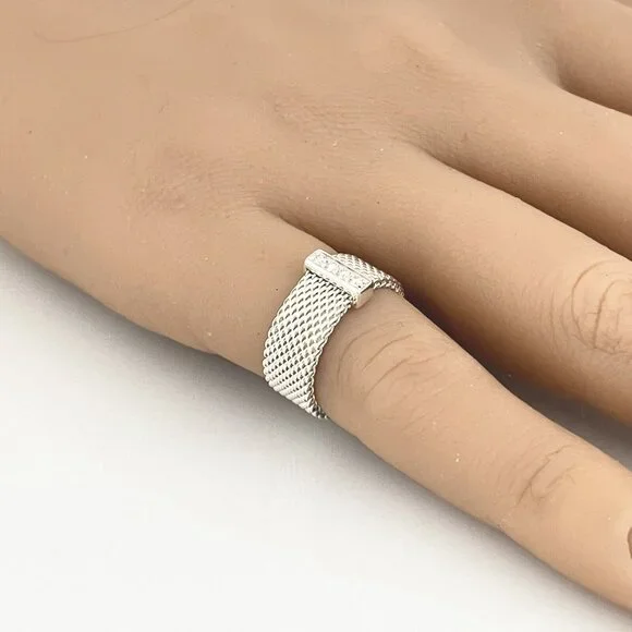 Size Tiffany Co Somerset Diamond Ring Mesh Weave in Sterling